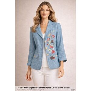 TO THE MAX Womens Blue Floral Embroidered Blazer Jacket Size 8